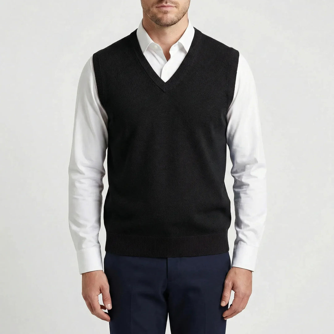 Polished men's sleeveless V-neck vest, a timeless layering piece for elegant and versatile men's fashion.