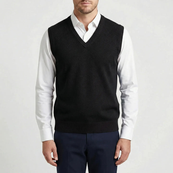 Polished men's sleeveless V-neck vest, a timeless layering piece for elegant and versatile men's fashion.