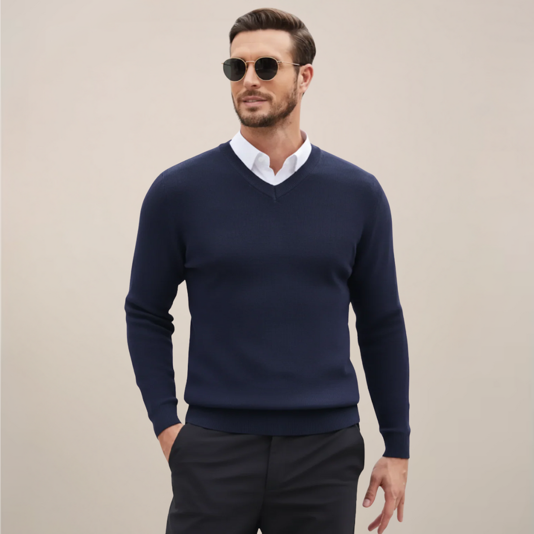Men's classic V-neck sweater in soft knit. Ideal for fall fashion & winter layering.