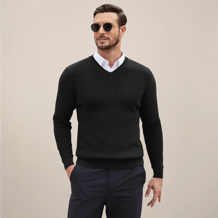 Refined men's V-neck sweater, a timeless pullover for elegant fall & winter outfits.