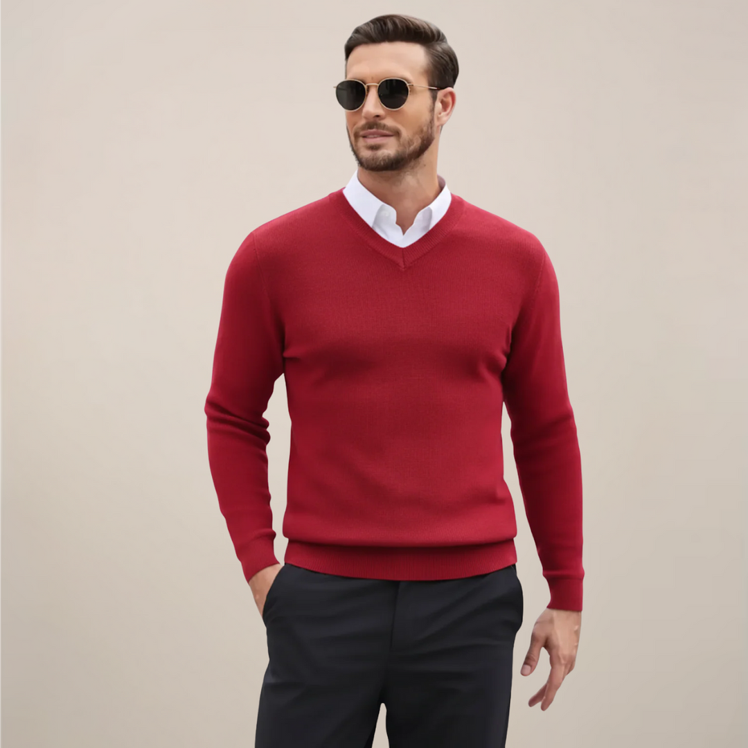 Men's classic V-neck sweater for easy layering. Stylish & comfortable for fall/winter menswear.