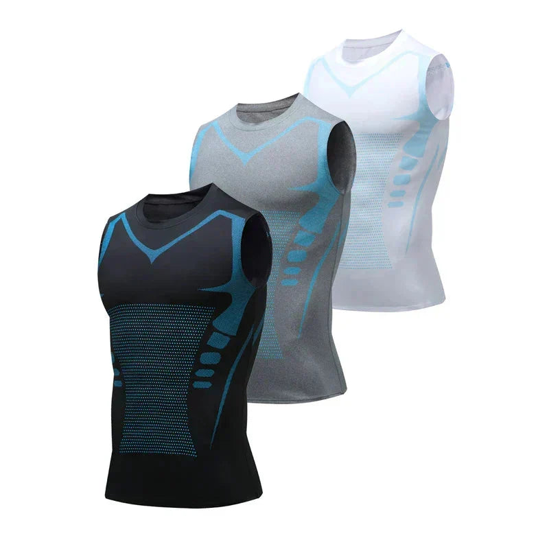 Sleeveless men's athletic shirt with a dynamic graphic print, perfect for performance training.