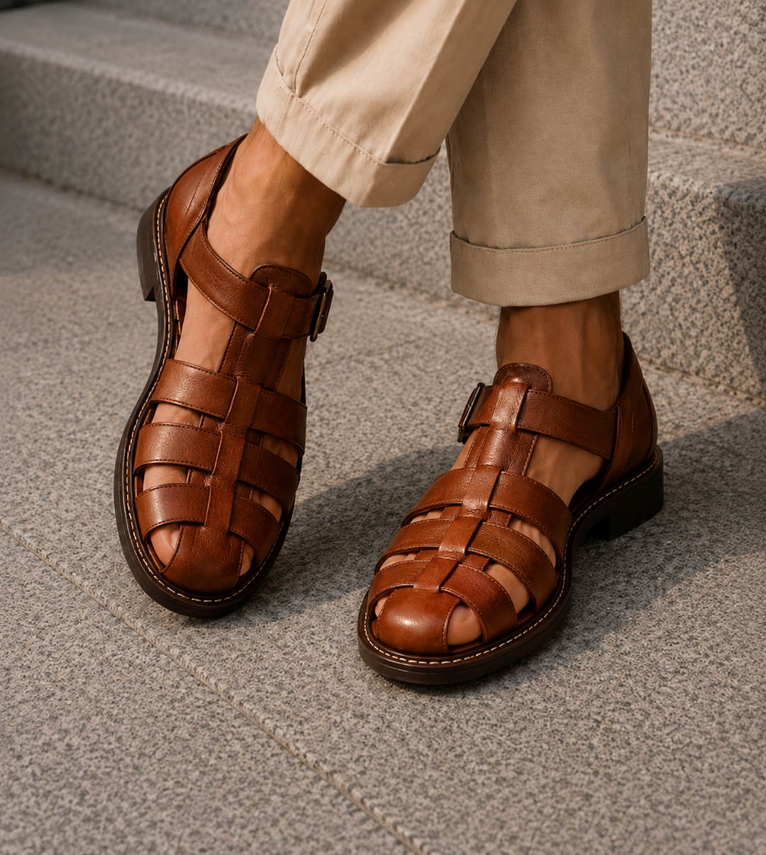 Men's comfortable closed-toe fisherman sandals, buckle fastening, ideal for versatile summer fashion.