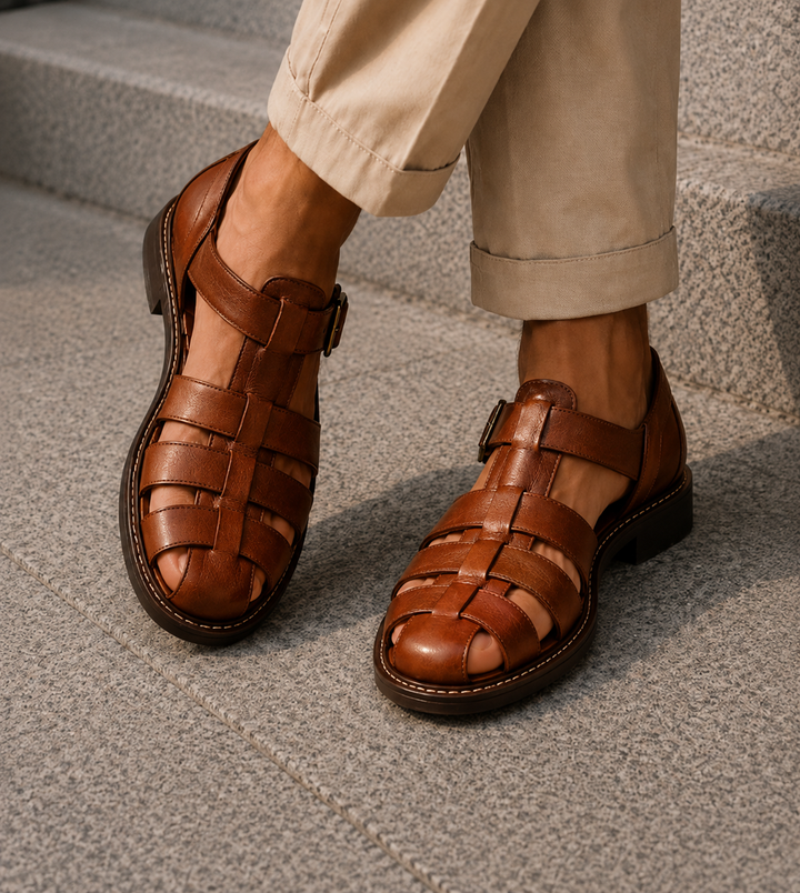 Men's comfortable closed-toe fisherman sandals, buckle fastening, ideal for versatile summer fashion.