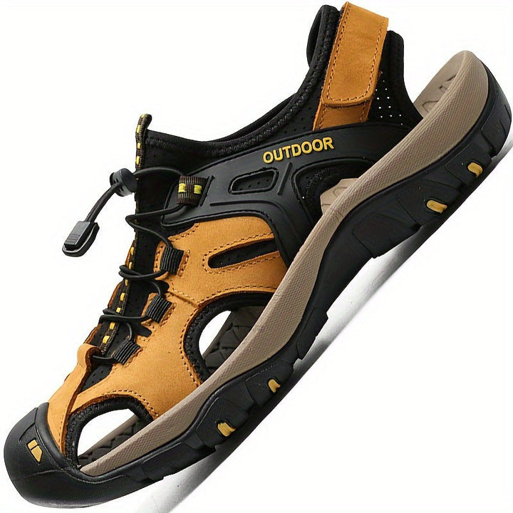 Men's closed-toe hiking sandals with rugged sole for challenging trail adventures.