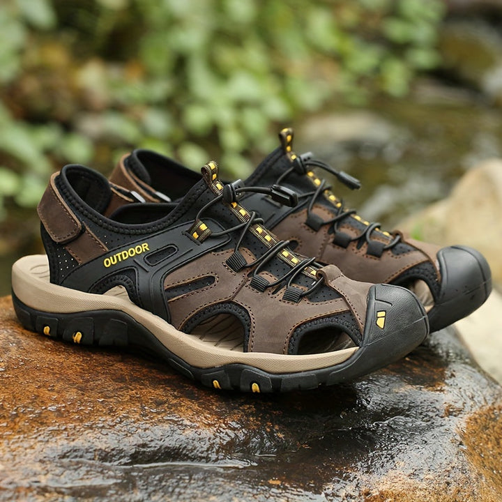Adventure-ready men's closed-toe hiking sandals, rugged sole for tough outdoor trails.