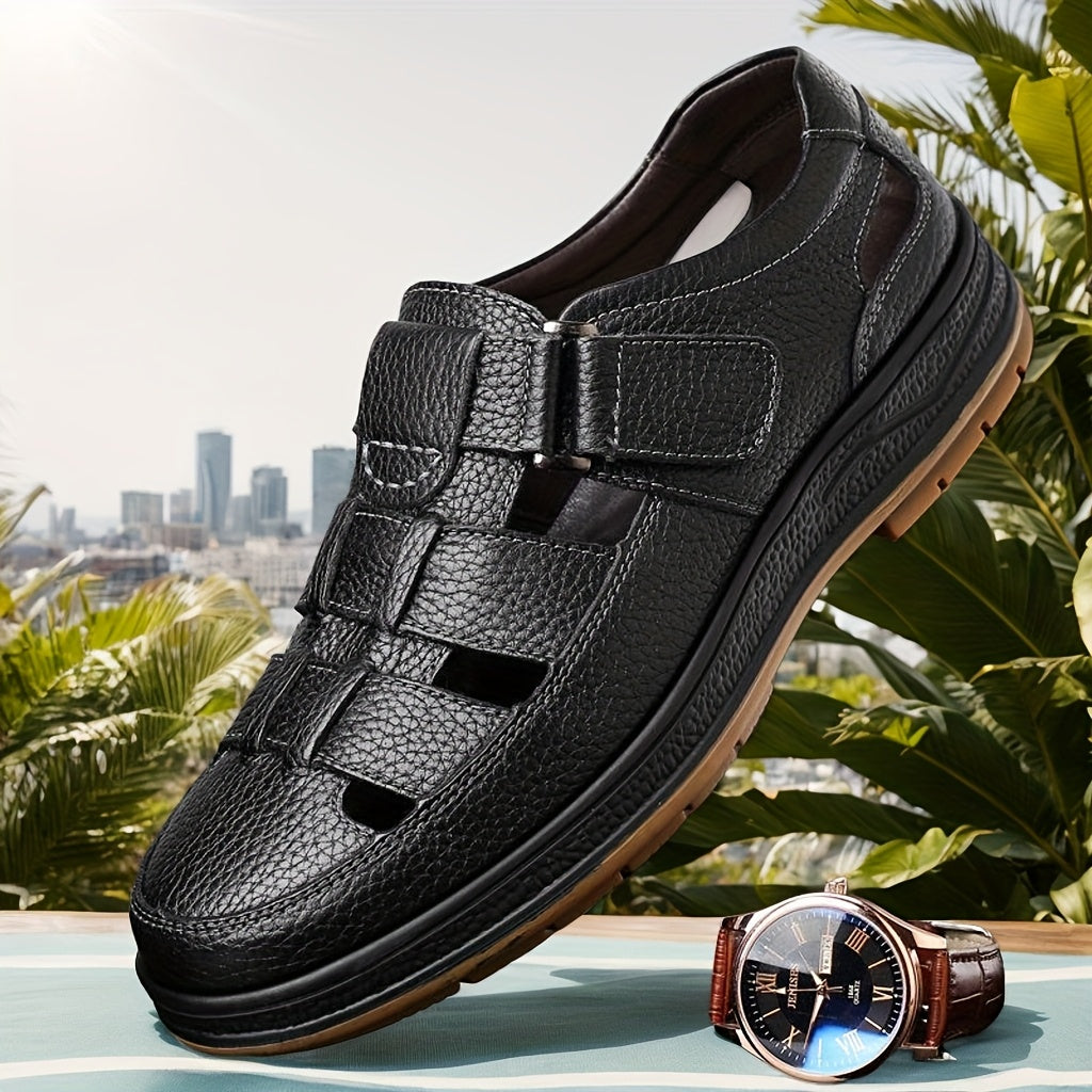 Close-up of men's closed-toe summer sandals, highlighting the adjustable strap for a secure and custom fit.