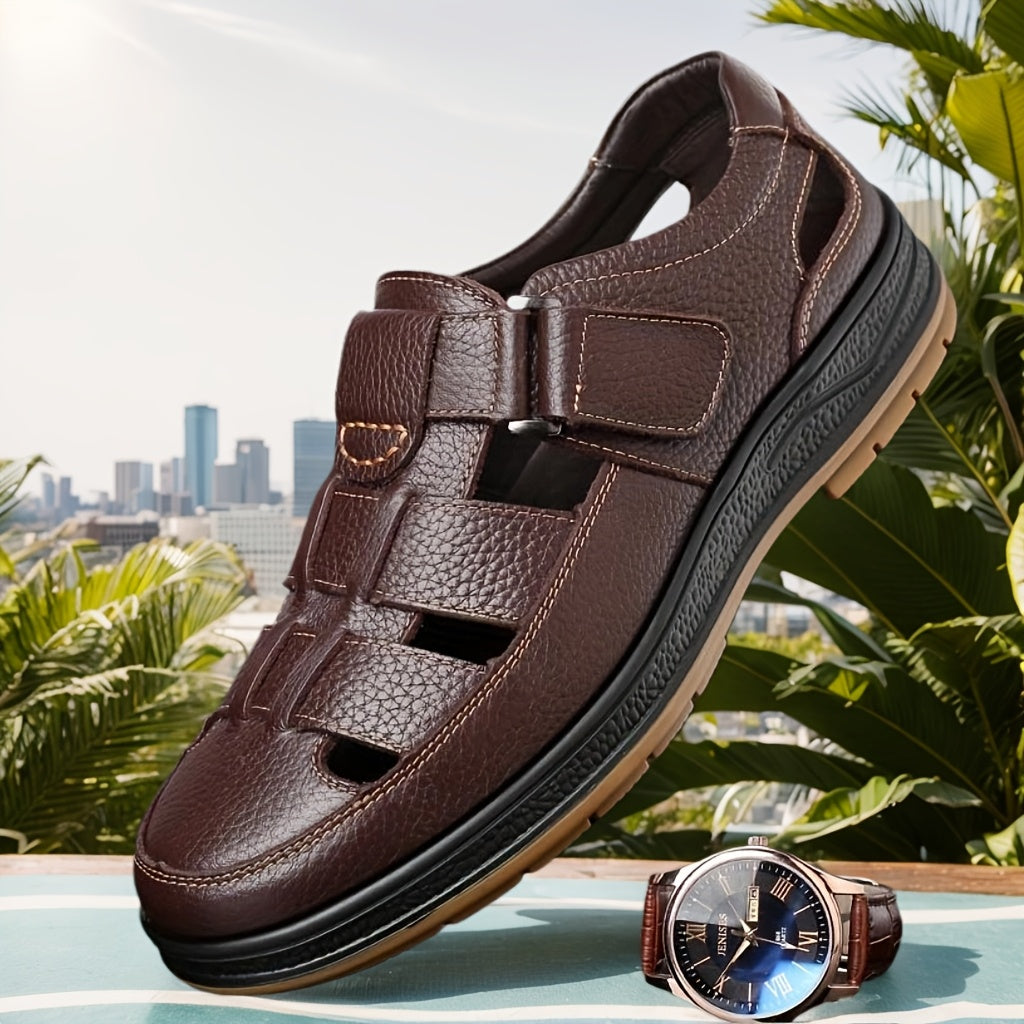 Versatile men's closed-toe summer sandals with adjustable strap; comfortable for beach trips or casual walks.