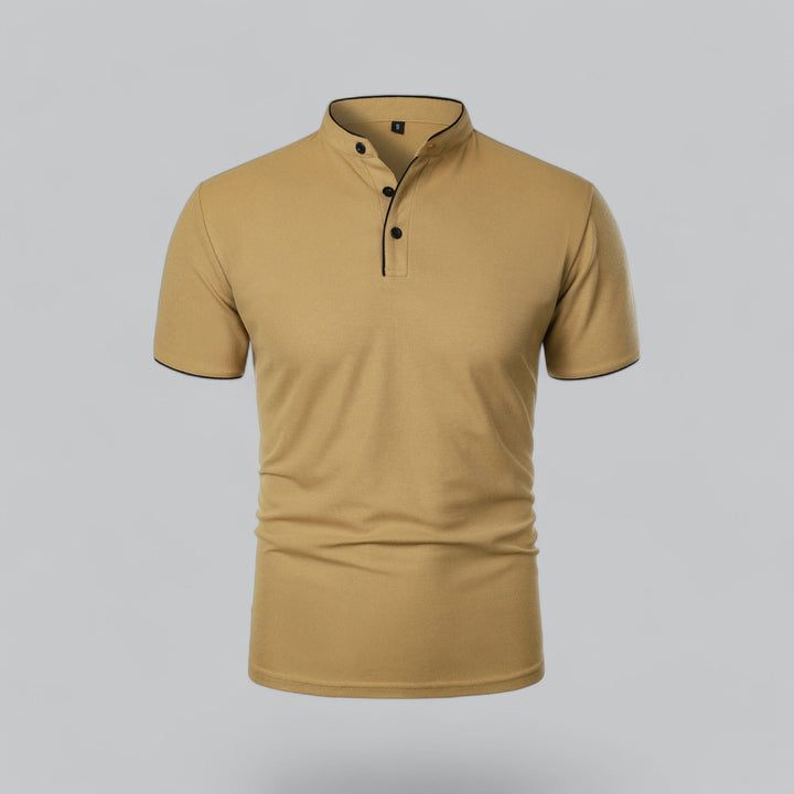 Men's collarless polo shirt, short sleeve, relaxed fit, perfect for smart casual summer style.