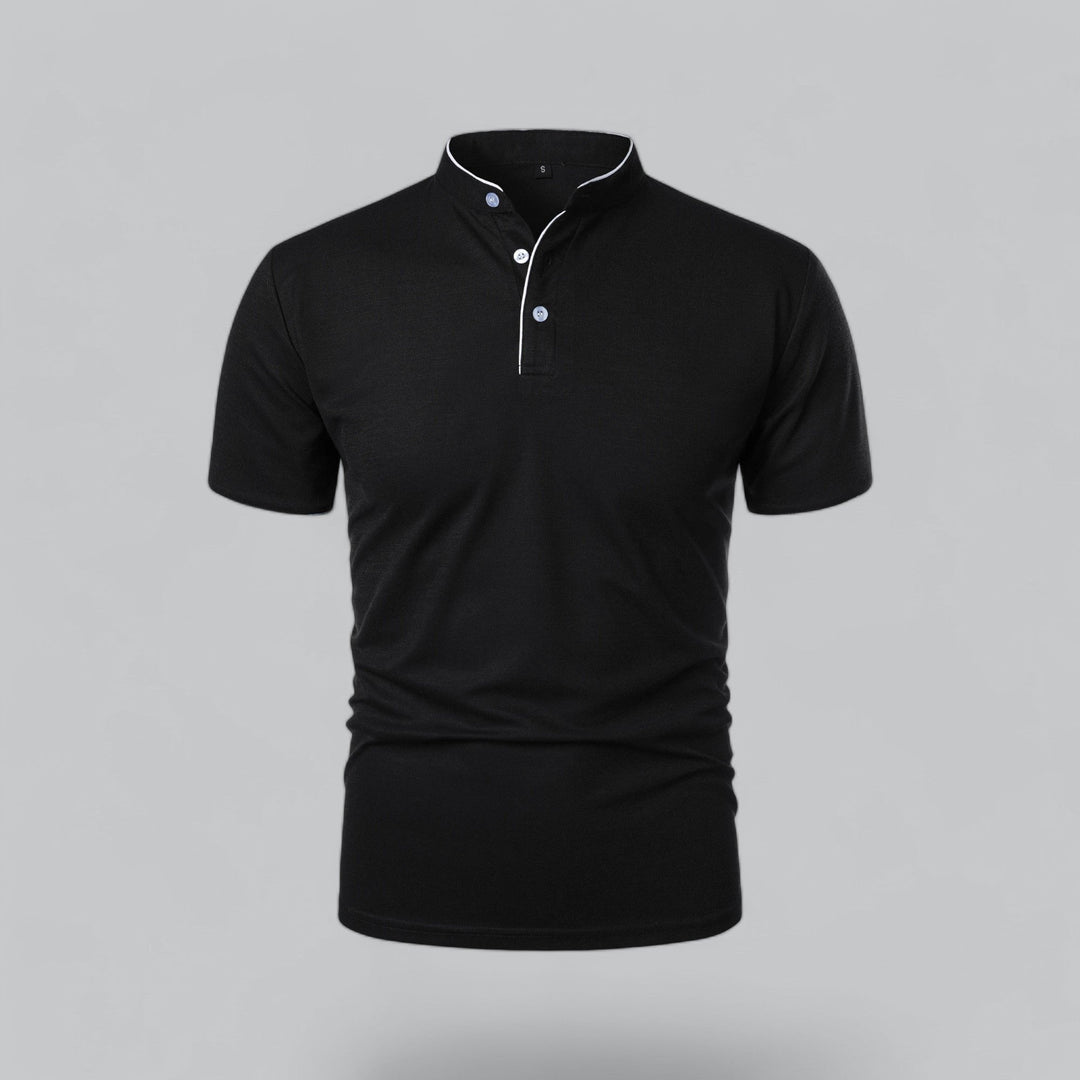 Men's short sleeve collarless polo shirt, mandarin style, comfortable relaxed fit for summer.