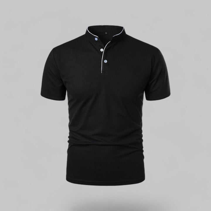 Men's short sleeve collarless polo shirt, mandarin style, comfortable relaxed fit for summer.