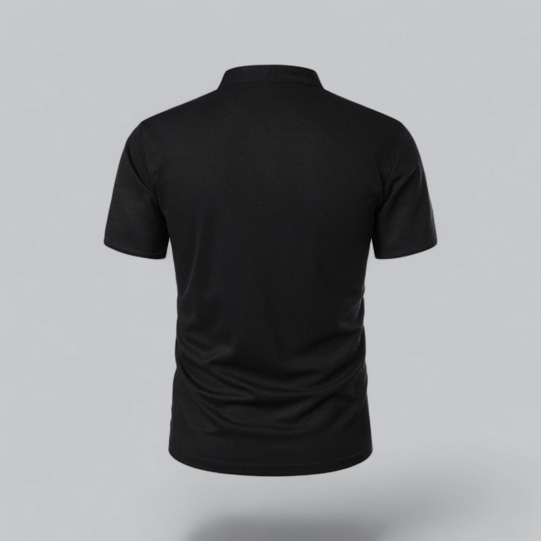Modern men's collarless polo top, short sleeve, casual relaxed fit, great for effortless summer style.