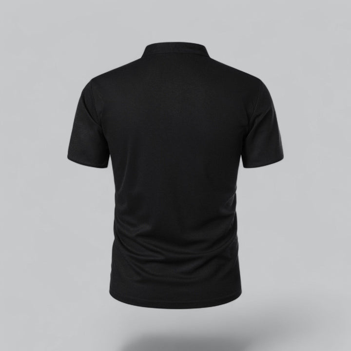 Modern men's collarless polo top, short sleeve, casual relaxed fit, great for effortless summer style.