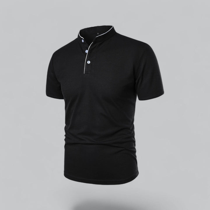 Men's smart collarless polo shirt, short sleeve, comfortable relaxed fit for casual and everyday wear.