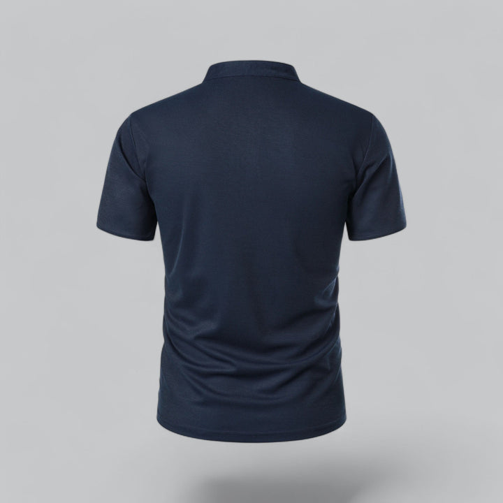 Versatile men's collarless polo shirt, short sleeve, smart casual, perfect for summer style & comfort.