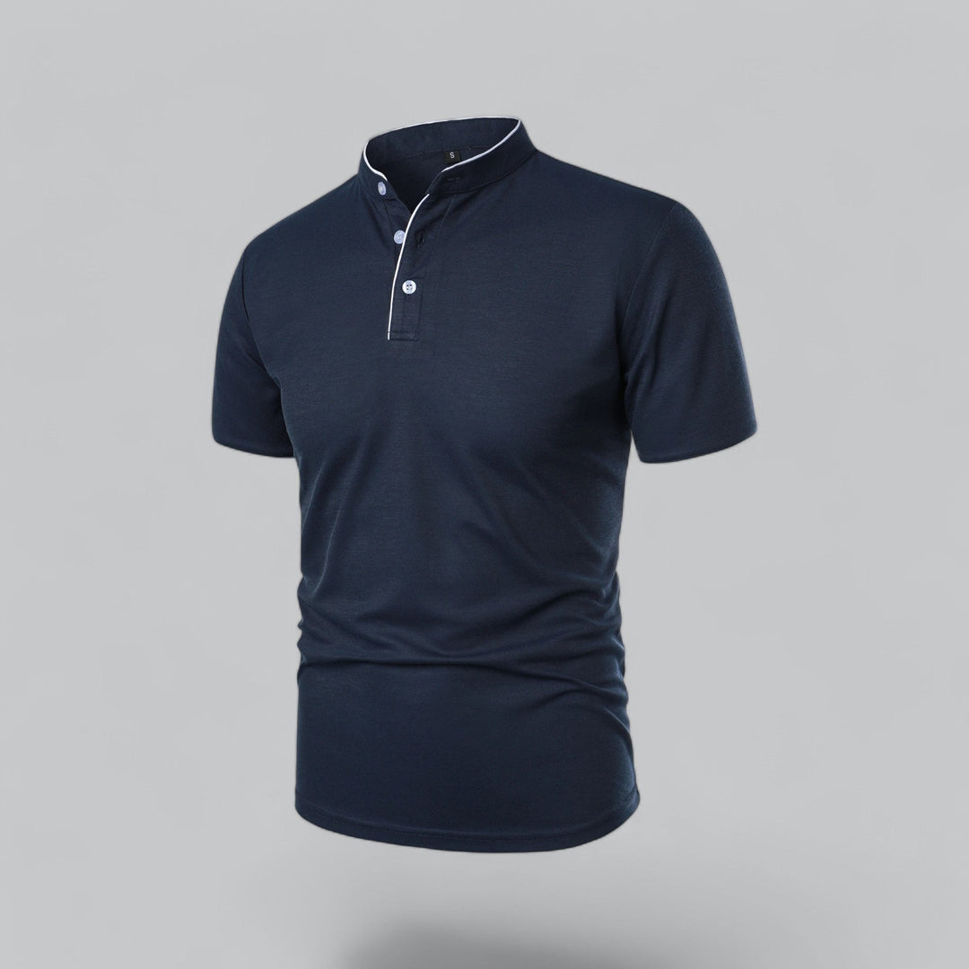 Summer men's collarless polo top, short sleeve, relaxed fit, comfortable for warm weather casual style.