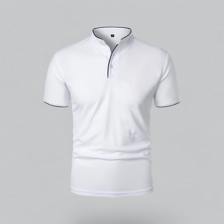 Men's mandarin collar short sleeve polo, relaxed fit, a modern top for smart casual comfort.