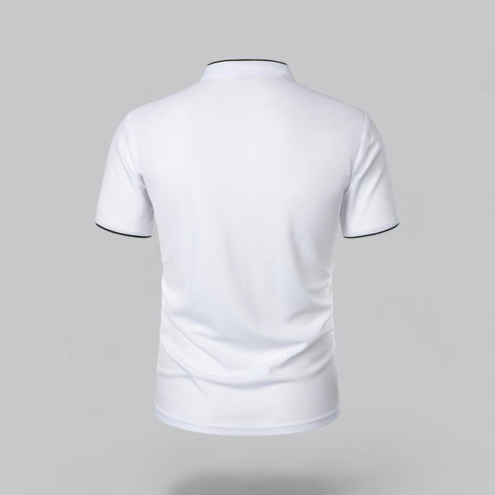 Men's comfortable collarless polo shirt, short sleeve, relaxed fit, ideal for modern casual style.