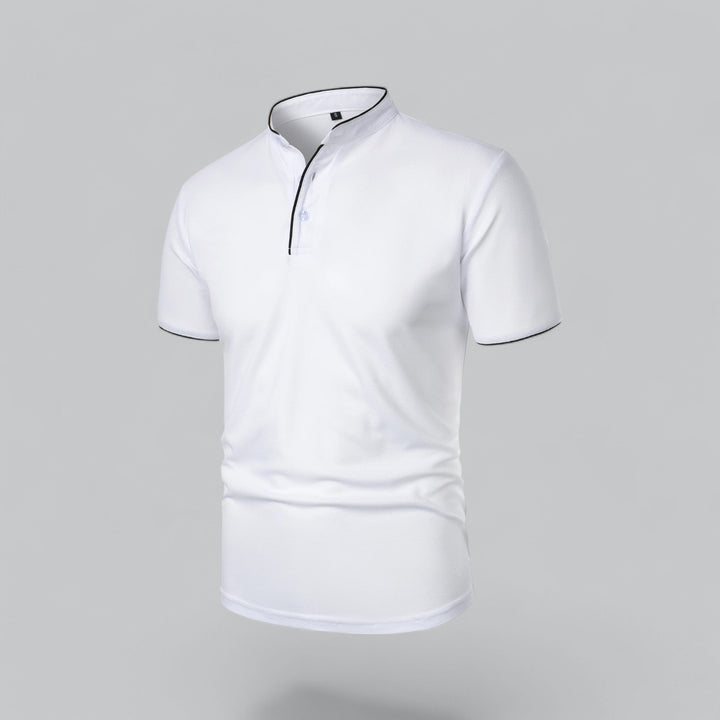 Effortless style men's short sleeve collarless polo top, modern fit for smart casual comfort.