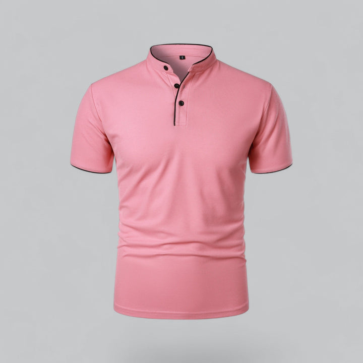 Comfortable men's relaxed fit collarless polo shirt, short sleeve, perfect for everyday summer wear.