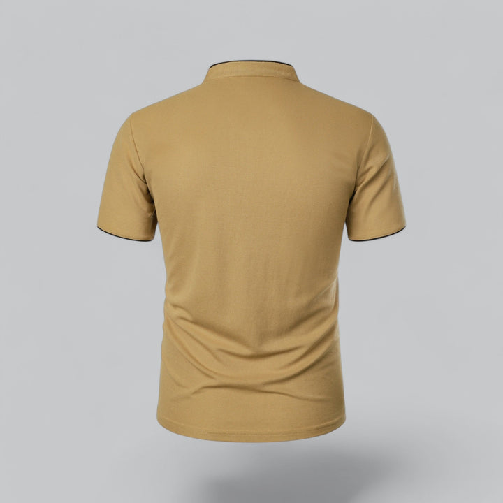 Effortless style men's collarless polo top, modern short sleeve design for everyday comfort.