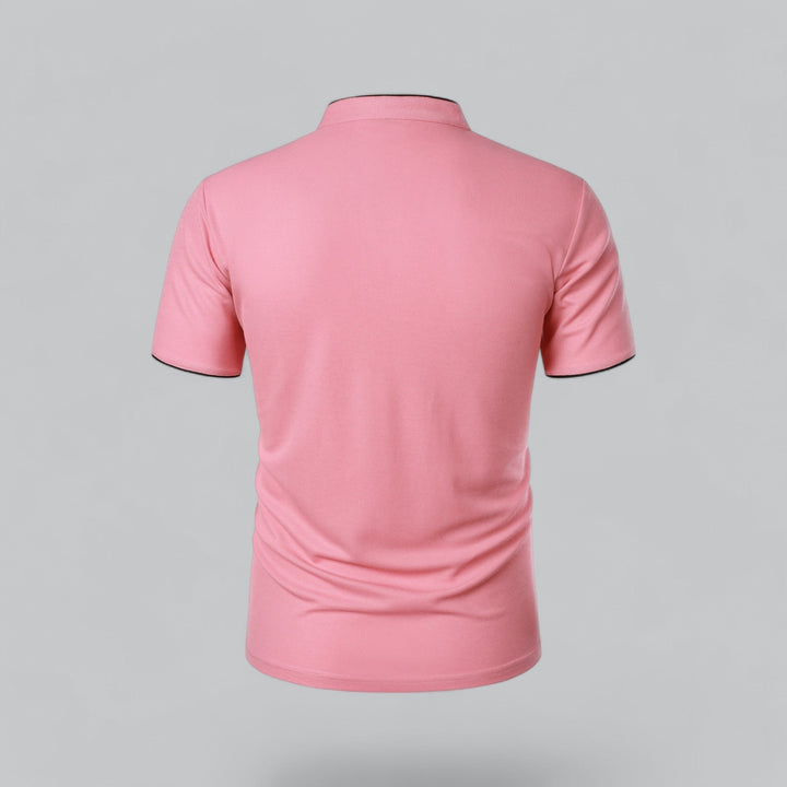 Men's mandarin collar polo top, relaxed fit, short sleeve, stylish and comfortable for casual wear.