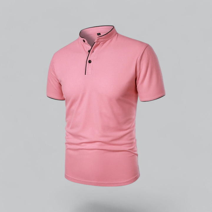 Mens short sleeve collarless polo shirt, modern casual everyday top, relaxed fit, smart comfort.