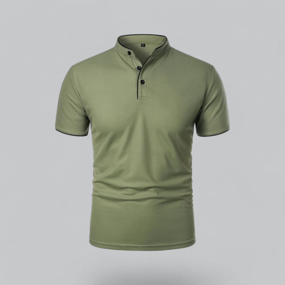 Men's collarless polo top with short sleeves, offering a relaxed fit for modern casual comfort.