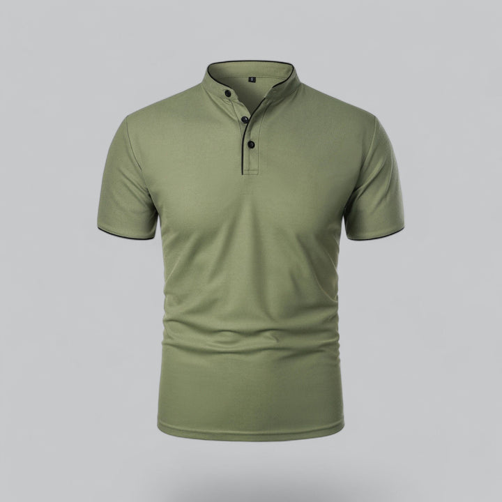 Men's collarless polo top with short sleeves, offering a relaxed fit for modern casual comfort.