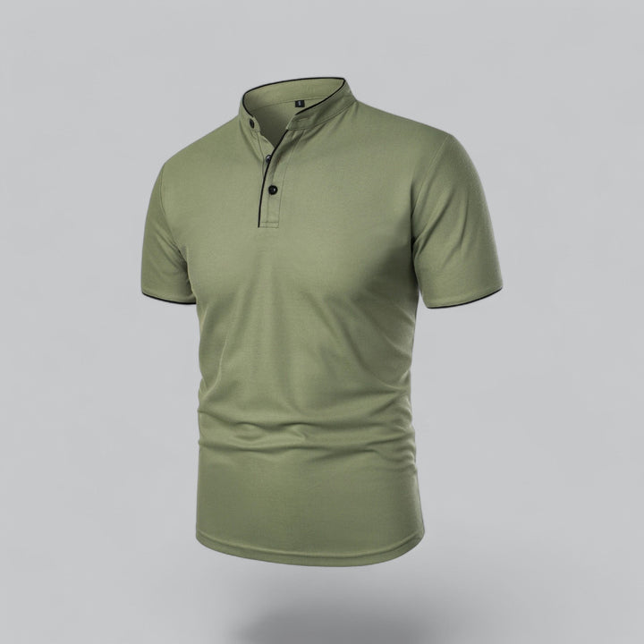 Smart casual men's collarless polo top, short sleeve, relaxed fit, perfect for modern summer style.