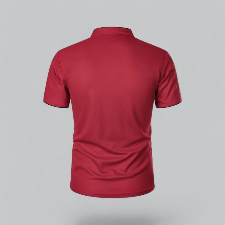 Modern men's collarless short sleeve polo top, relaxed fit, designed for comfortable everyday style.