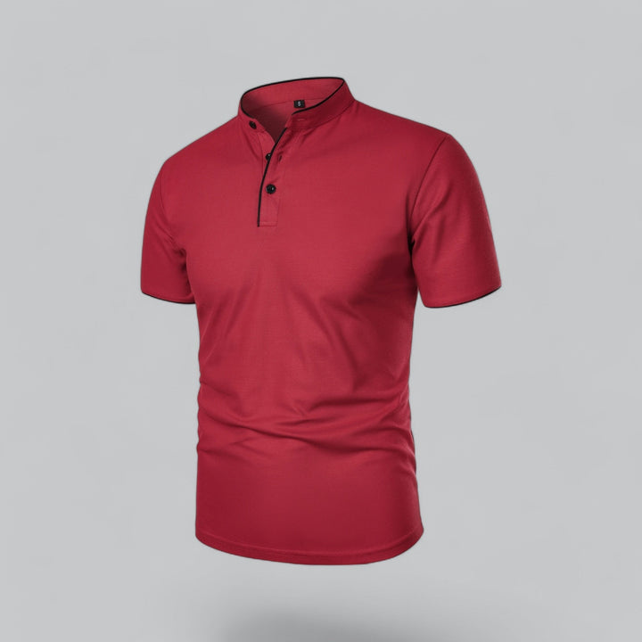 Men's collarless short sleeve polo shirt, mandarin collar, relaxed fit, offering stylish comfort for summer.