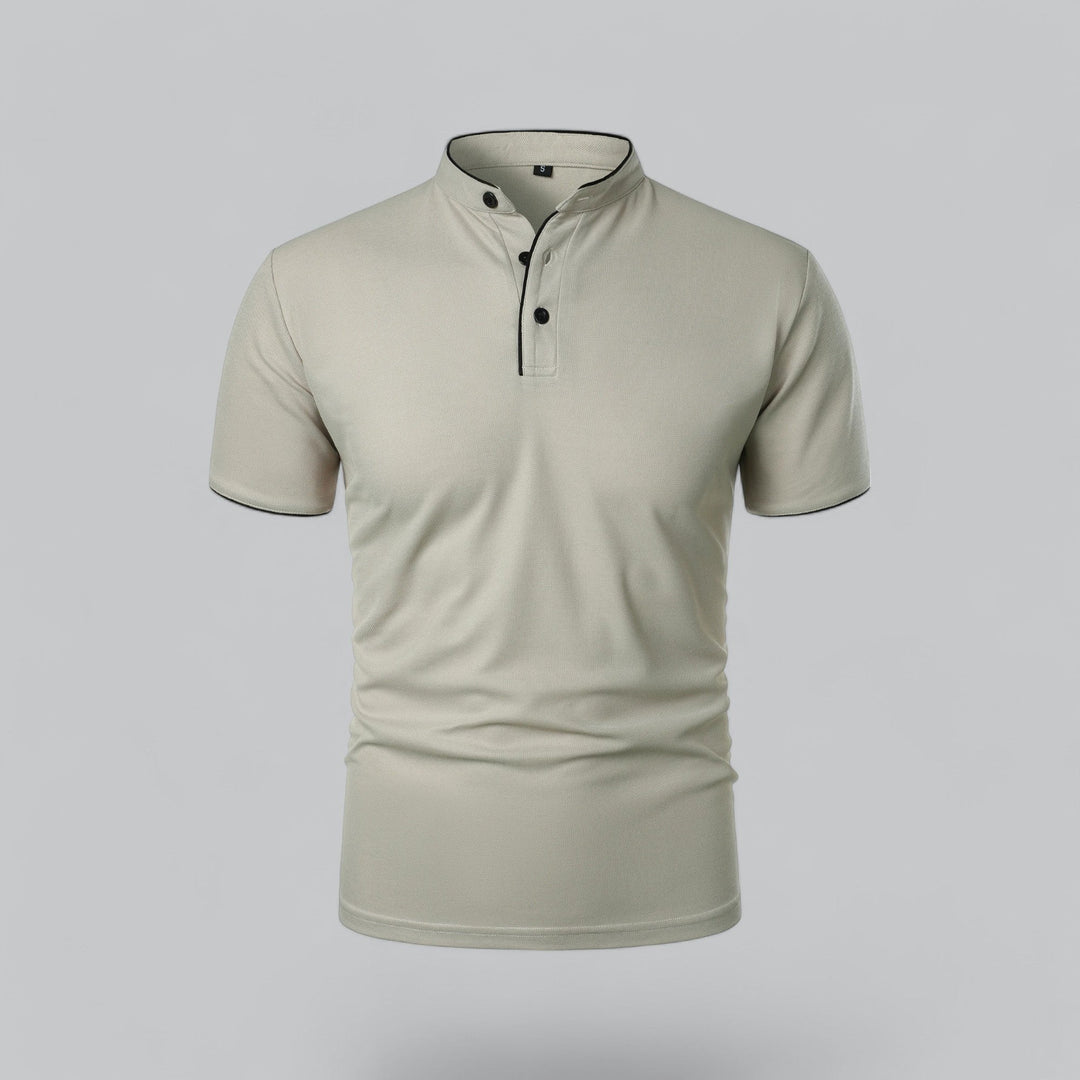 Men's mandarin collar polo top, short sleeve, smart casual, ideal for summer comfort.