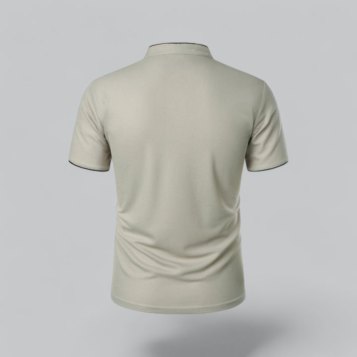 Breathable men's collarless polo shirt, short sleeve, relaxed fit, perfect for warm weather.