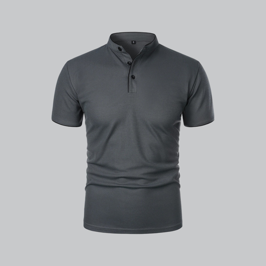 Smart casual men's collarless polo top, short sleeve, relaxed fit, offers effortless style.
