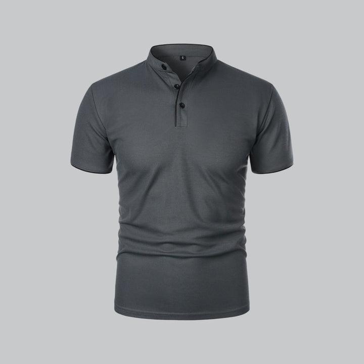 Smart casual men's collarless polo top, short sleeve, relaxed fit, offers effortless style.