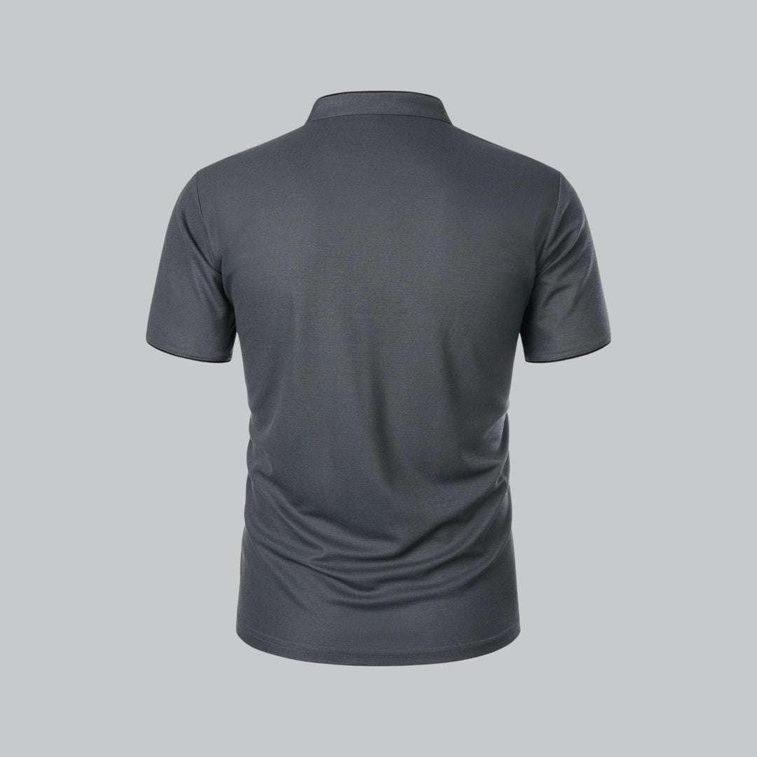 Relaxed fit men's collarless polo shirt, short sleeve, comfortable and stylish for summer.