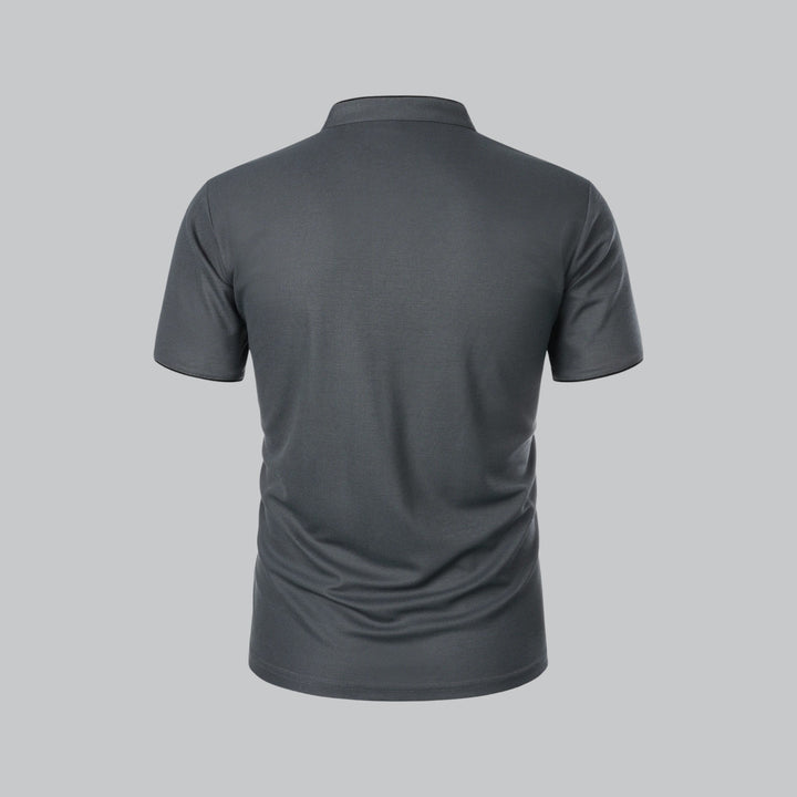 Relaxed fit men's collarless polo shirt, short sleeve, comfortable and stylish for summer.