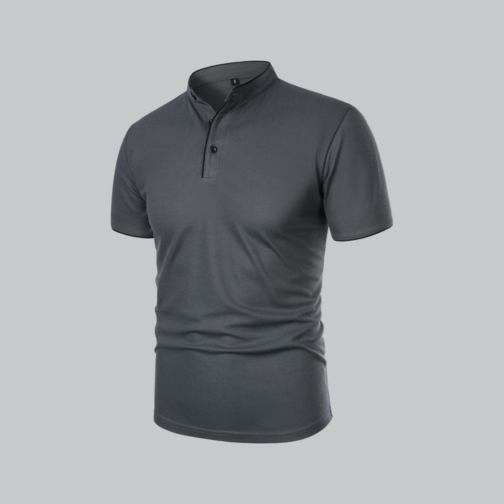 Men's everyday collarless polo top, short sleeve, modern design, ideal for casual comfort.