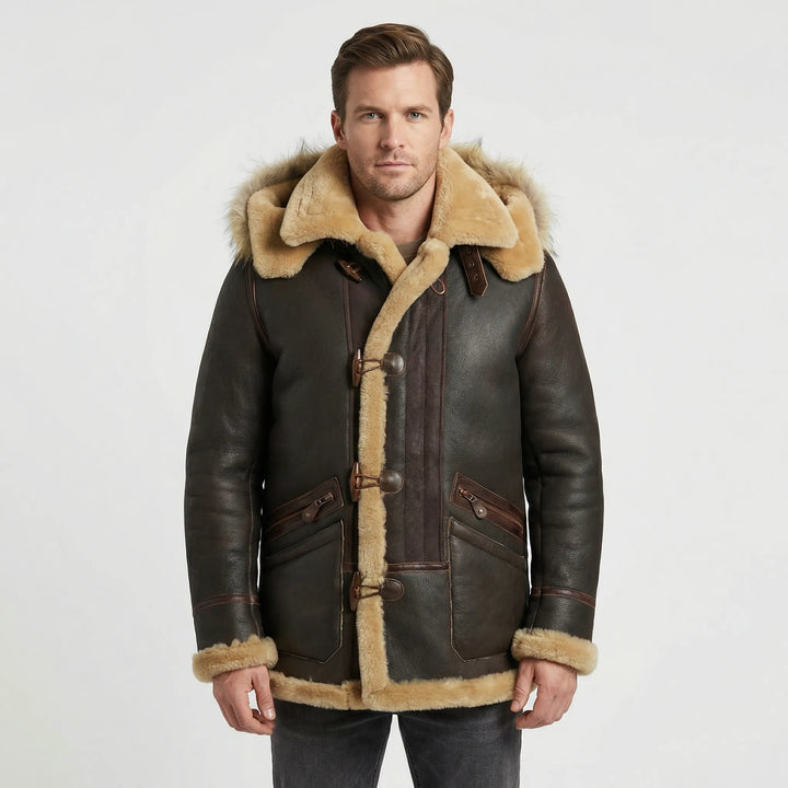 Stylish men's brown padded hooded jacket, a versatile and warm winter coat for cold weather and everyday wear.