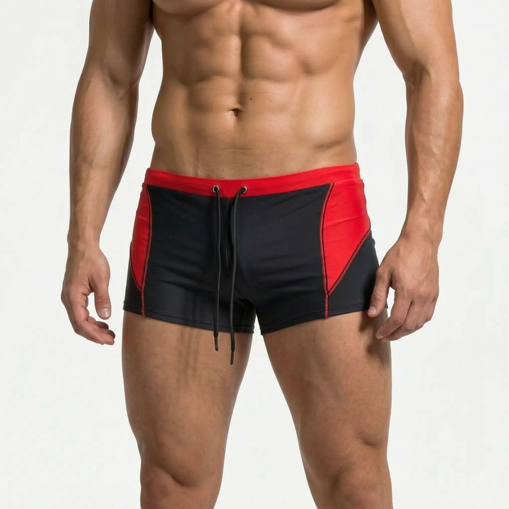 Dynamic men's color block fitted swim trunks, perfect for beach, pool, and water activities.