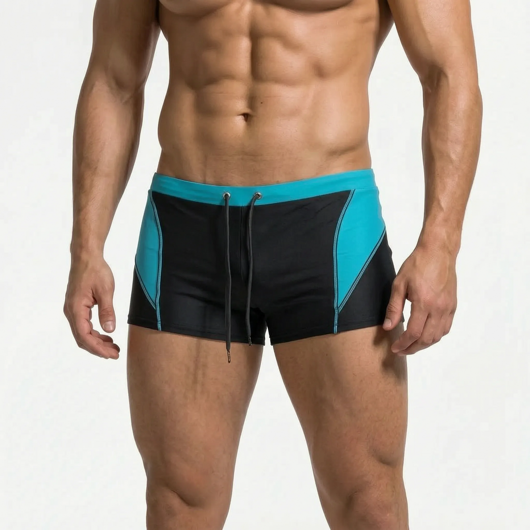 Secure fit men's color block swimwear for water sports, quick-dry & stylish.