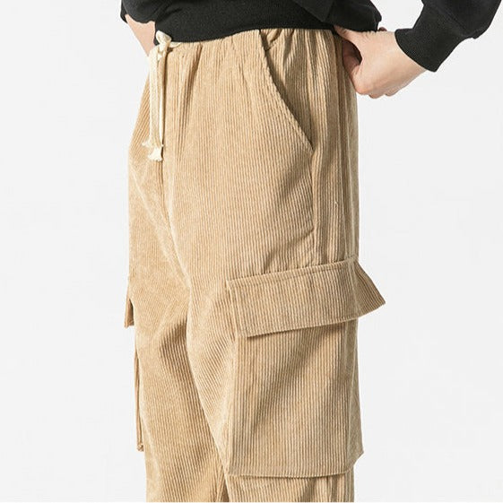 Fashionable men's utility cargo pants, adjustable drawstring, offering comfort and style.