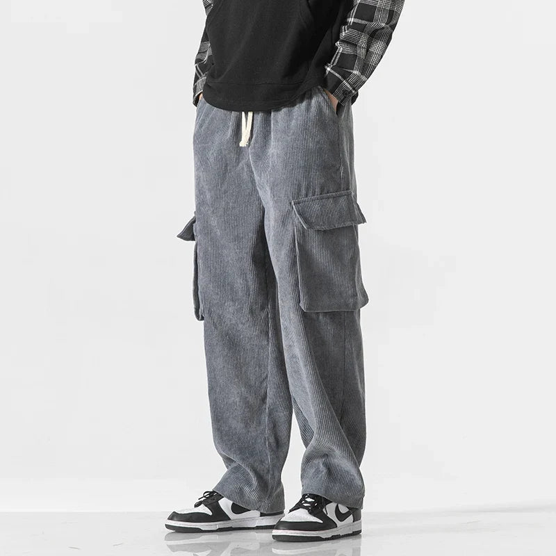 Casual men's black cargo pants, adjustable drawstring waist for everyday comfort and style.