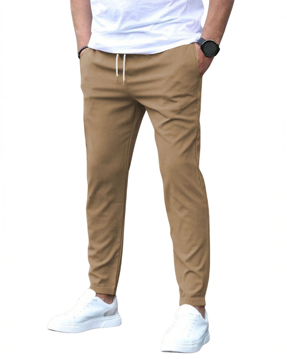 Active man in comfortable stretch drawstring chino pants, perfect for a dynamic lifestyle.