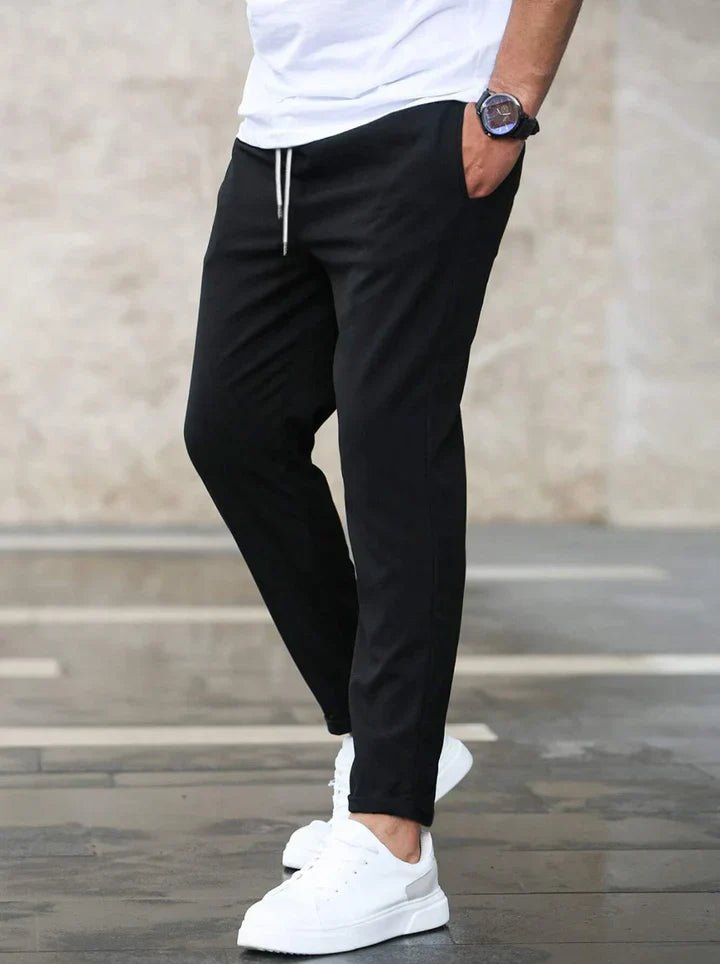 Front view of men's casual drawstring chino pants, offering a modern fit and ultimate comfort.