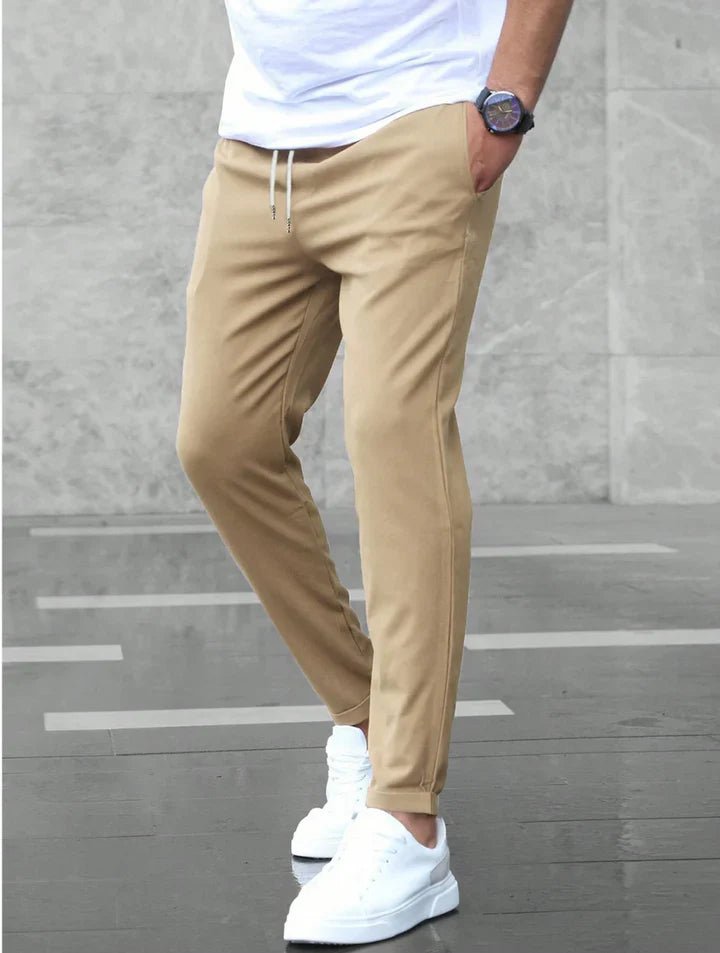 Durable and comfortable men's drawstring chino pants, perfect for long-lasting versatile wear.