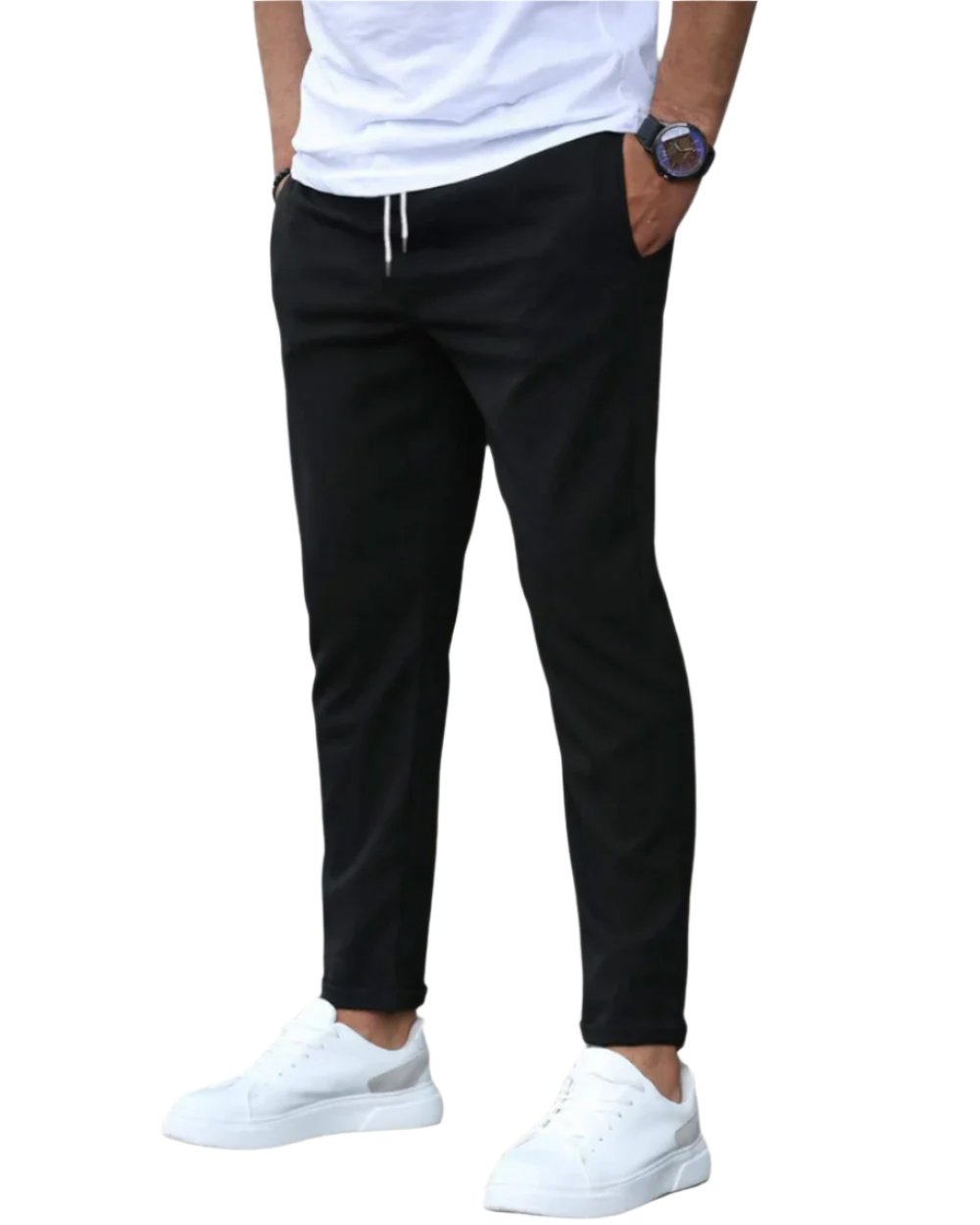 Modern fit men's stretch chino pants with adjustable drawstring waist for versatile style.
