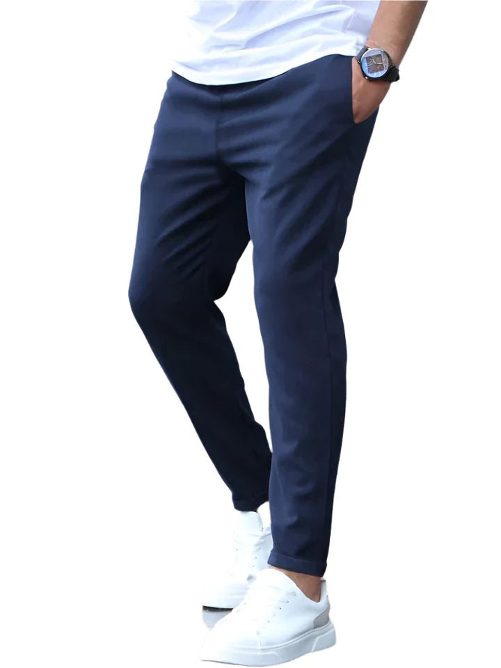Close-up of the stylish drawstring waist on men's comfortable stretch chino pants.