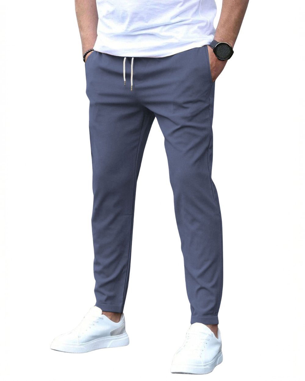 Full length view of men's modern fit drawstring chino pants, ideal for versatile everyday wear.